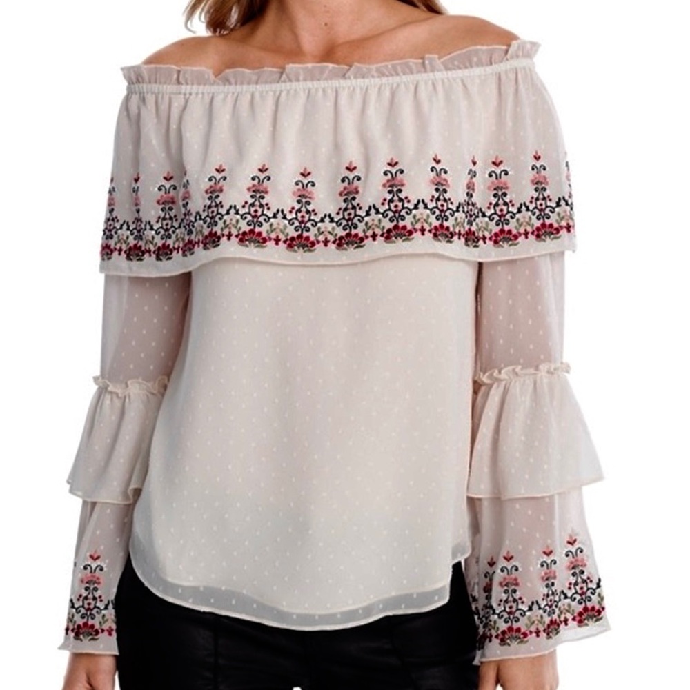 WHBM Off-shoulders Bell Sleeves Sheer Top